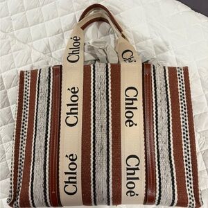 Chloe Woody Striped Tote Bag in Brown and Cream